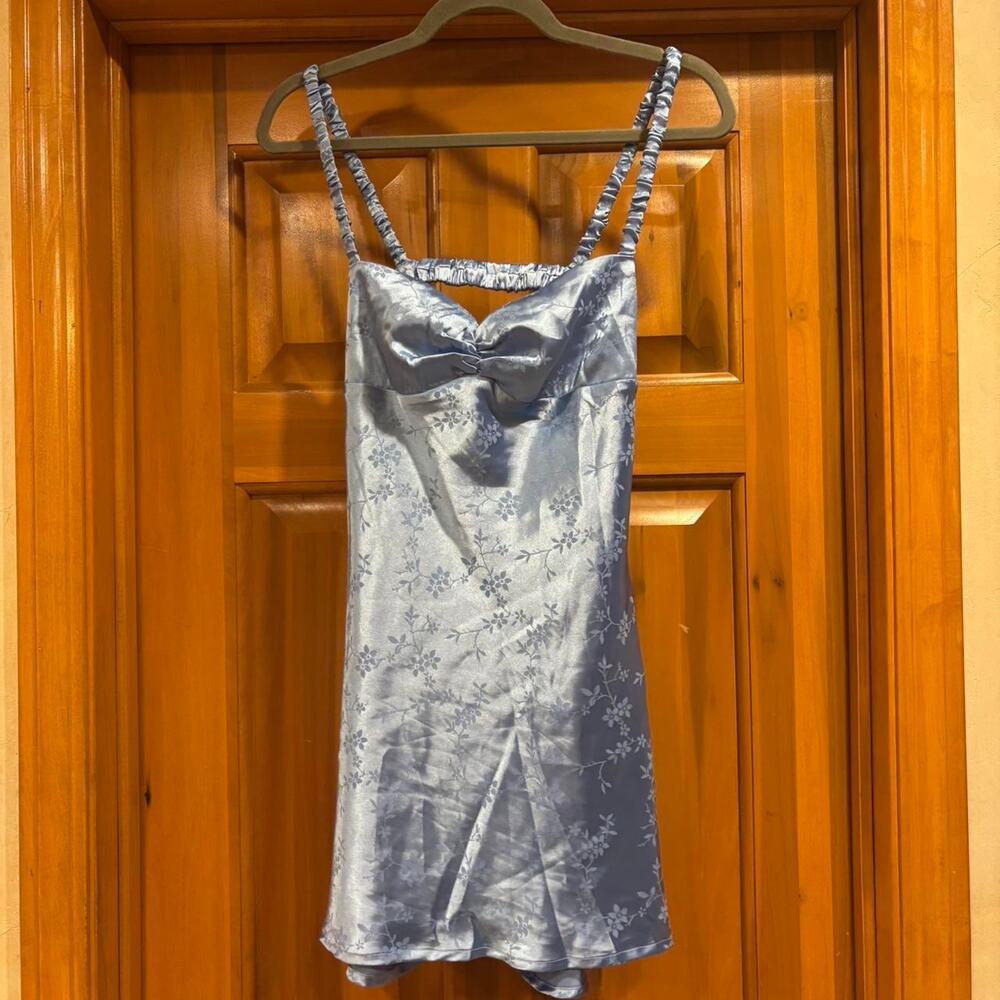 Lucy in the Sky Sky Blue Floral Jacquard Satin Mini Dress - Size S